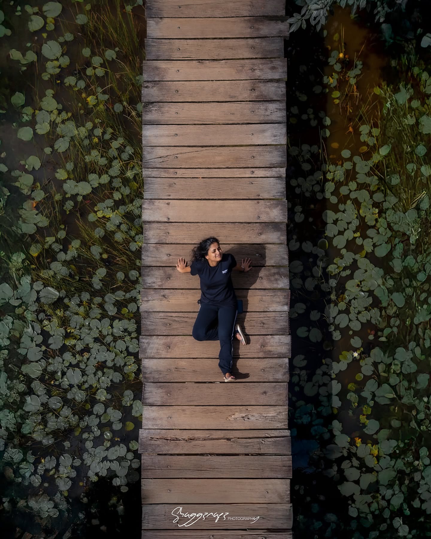 Aerial drone photography of a wooden boardwalk through a wetland in Sri Lanka